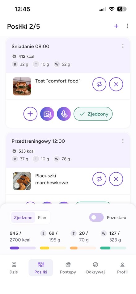 Ekran posiłków w aplikacji